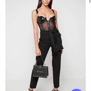 Maniere De Voir patent and mesh detail body suit